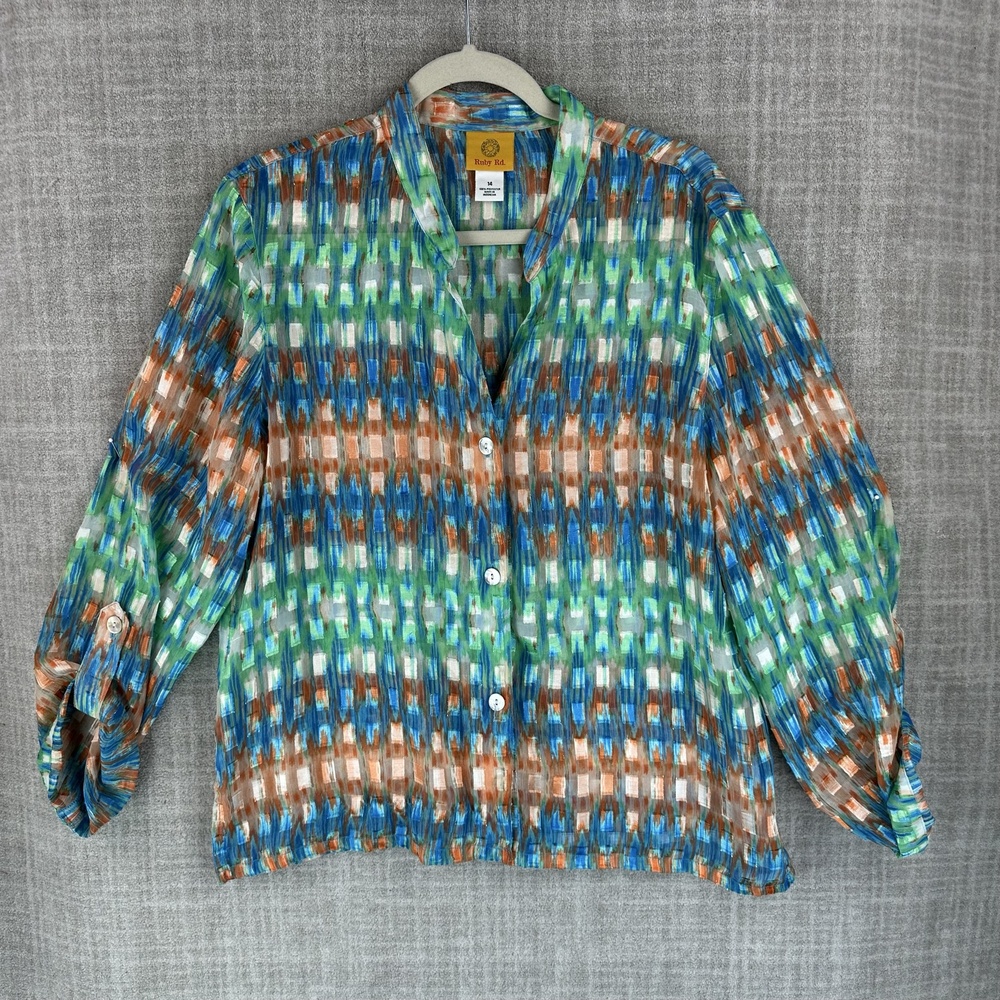 Ruby Rd. Blouse Womens 14 Multicolor Tunic V-Neck 3/4 Roll Tab Sleeve Chiffon